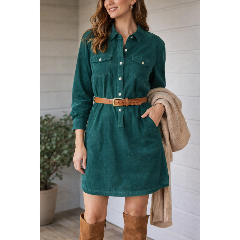 Talbots Green Corduroy Shirt Dress Womens 10